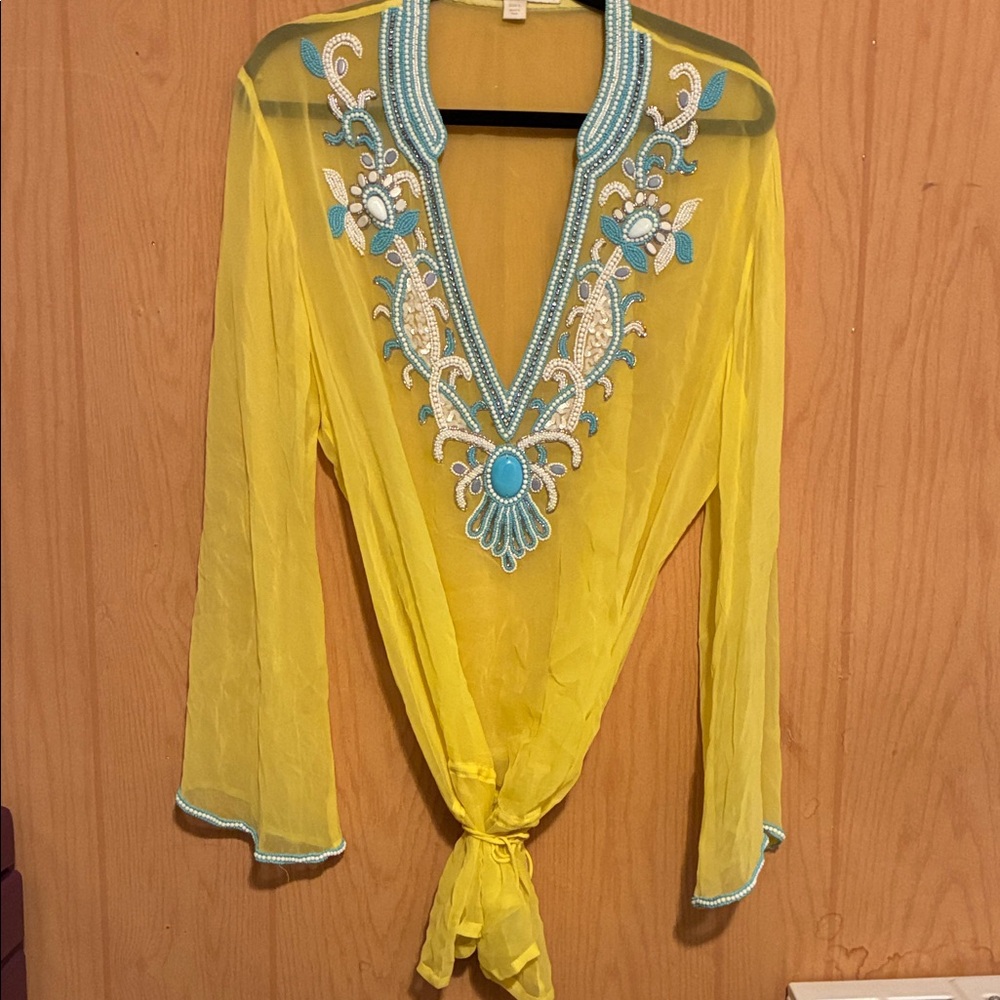 Boston Proper Yellow Tunic with Blue Embroidery - Picture 3 of 5